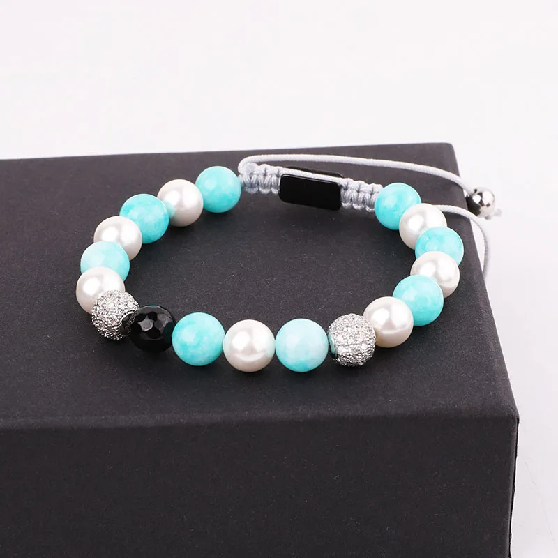 Jaravvi 8mm Blue Jade White Shell Crystal Ball Friendship Adjustable Macrame Beads Bracelet For Women - Image 3