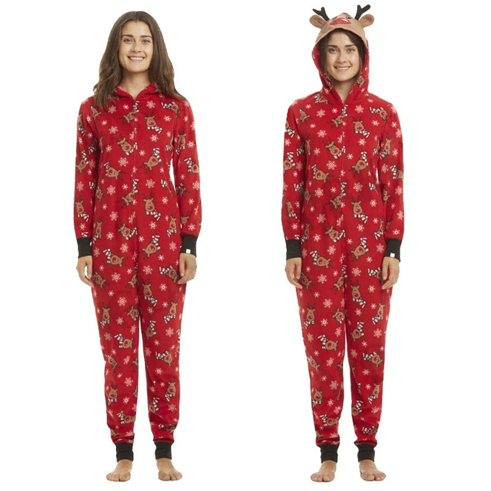 Family Matching Christmas Pajamas Set Elk Romper Jumpsuit Women Men Baby Kids Red Print Xmas Sleepwear Nightwear Hooded Zipper Outfits (6)