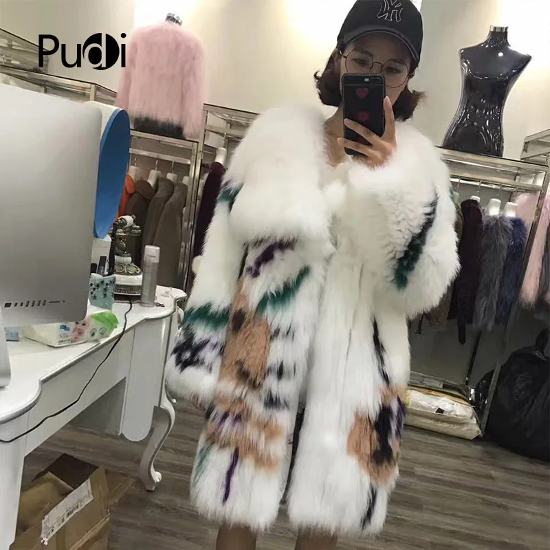 

Pudi Knitted Real fox fur coat/ jacket /overcoat women warm genuine fox fur coats long style 170919