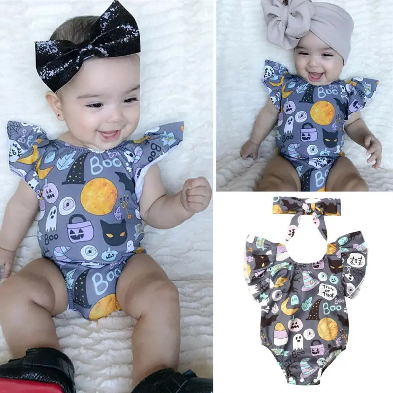 Goocheer 2019 Baby Newborn Boy Girl Infant Halloween Cartoon Print Jumpsuit Fly Sleeve Bodysuit Clothes Outfit Headband Costume