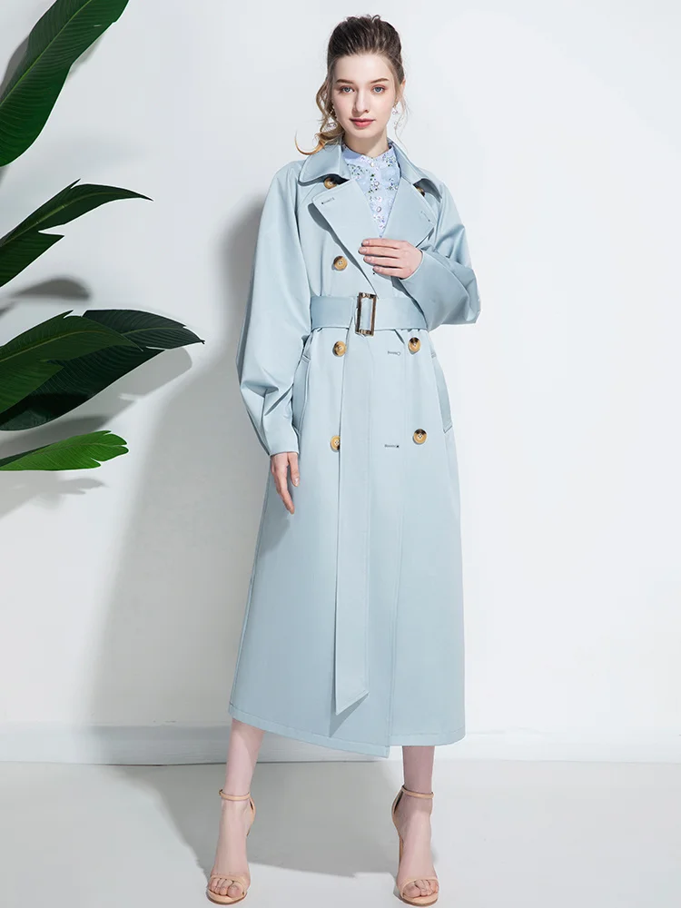 

2021 new loose blue windbreaker women's medium long thin fashion temperament goddess coat women's Lapel spring and Autumn