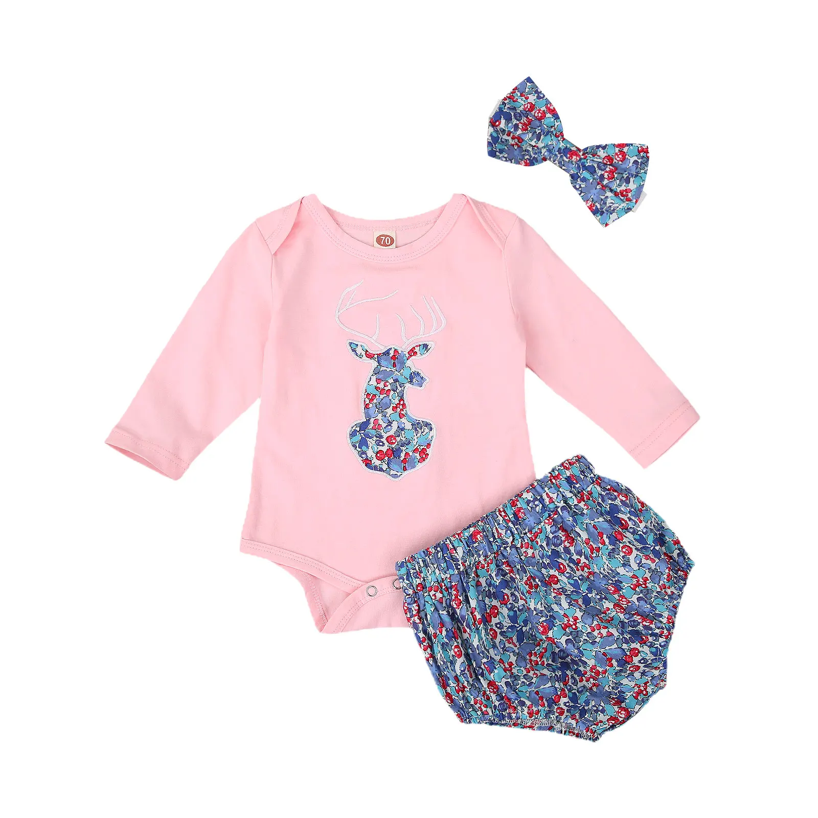 

Pudcoco 2020 Autumn 0-24M Infant Baby Girl 3Pcs Set Deer Head Patchwork Long Sleeve Bodysuit+Floral Print Shorts+Headband Outfit