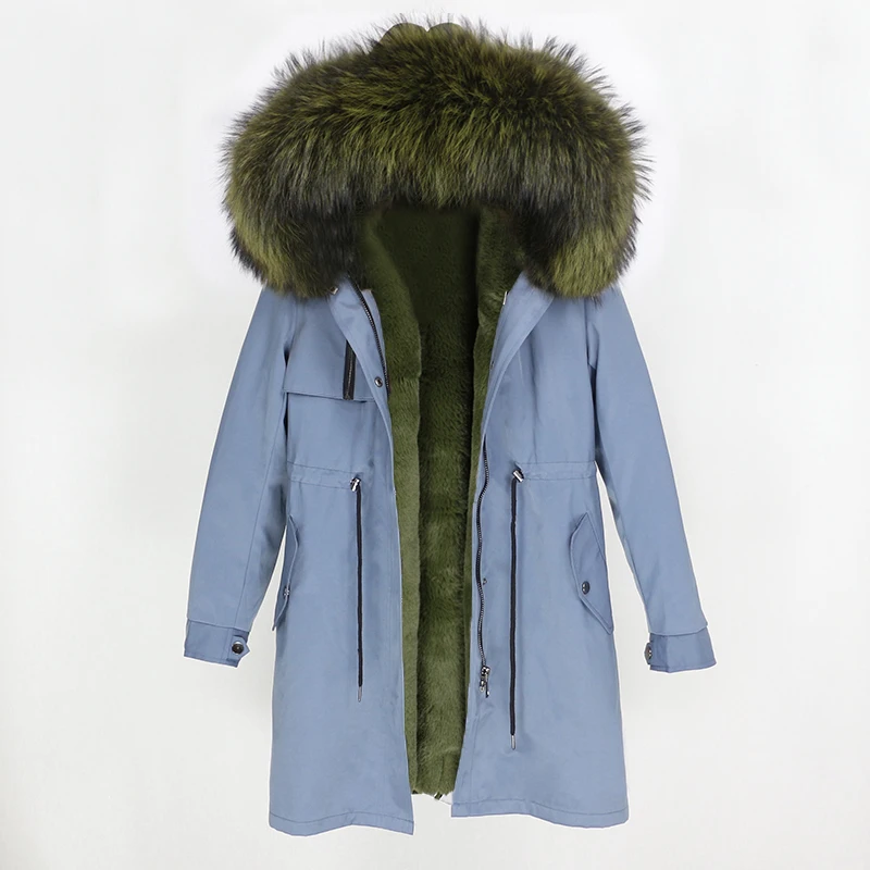 blue green OFTBUY Для женщин Длинная парка натуральный мех пальто зимняя куртка Для женщин из натурального меха енота, меховой капюшон, воротник толстые теплые Изящная верхняя одежда Новинка - Цвет: blue green