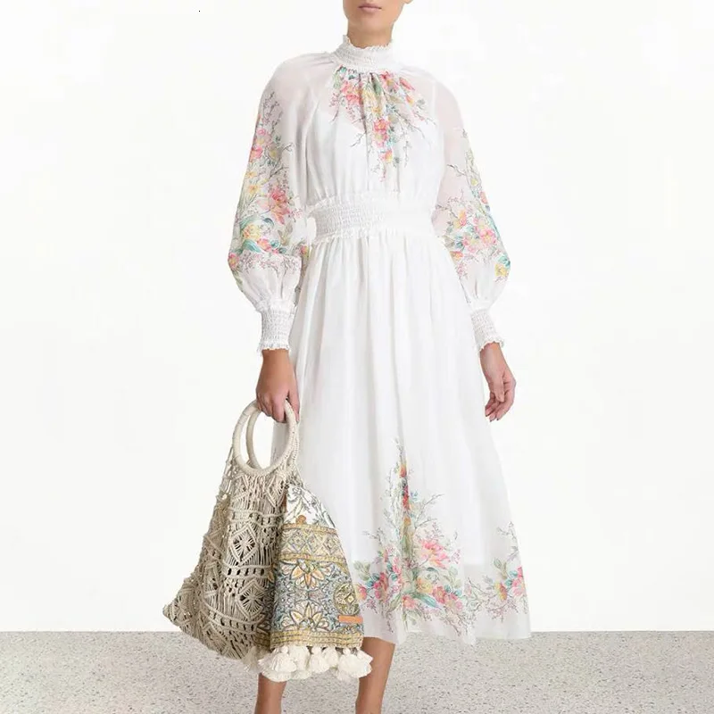 

New fashion collar printing of fund of autumn winters socialite lantern sleeve waist long dress in female