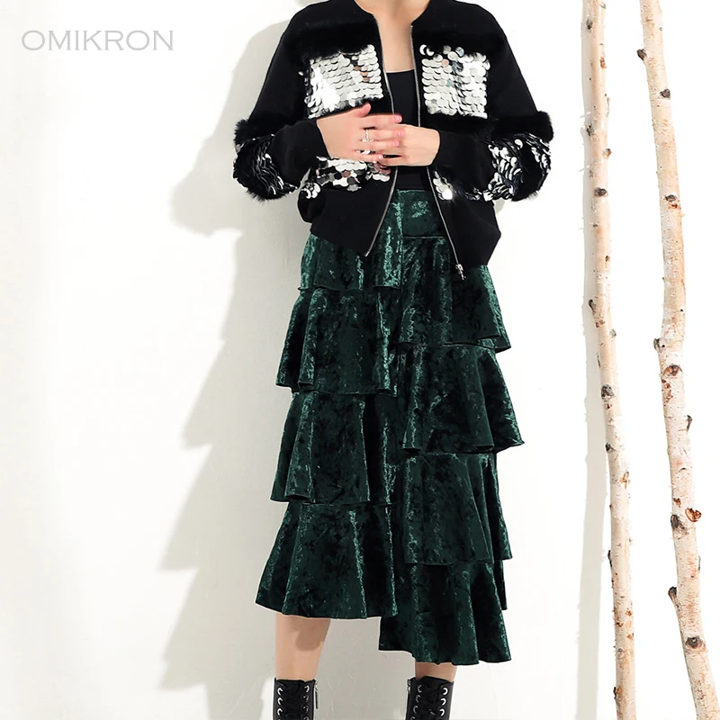 OMIKRON New Fashion Elegant Ruffle Irregular Maxi Velvet Skirt Autumn Women Boho High Waist Pleated Long Skirt Saias Longas