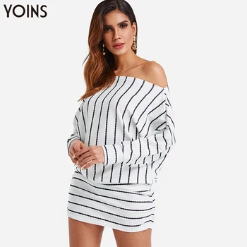 

YOINS Sexy Mini Dress Stripe Off Shoulder Dolman Sleeve Bodycon Hem 2020 Stylish Women Summer Autumn Dresses Loose Casual Femme