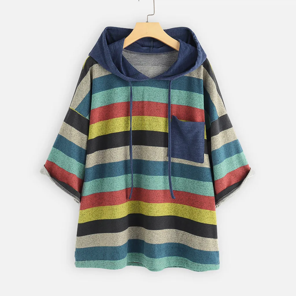 Jaycosin Fashion Autumn Casual Female O-Neck Multicolor Striped Sweatshirt Long Sleeve Comfortable Pocket Jumper Pullover 14#4
