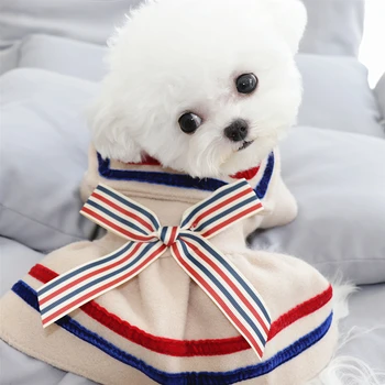 

Winter Dog Clothes Bow Stripe Student Pets Outfits Warm Clothes for Small Dogs Cat Costumes Coat Jacket Puppy Sweater Dogs New