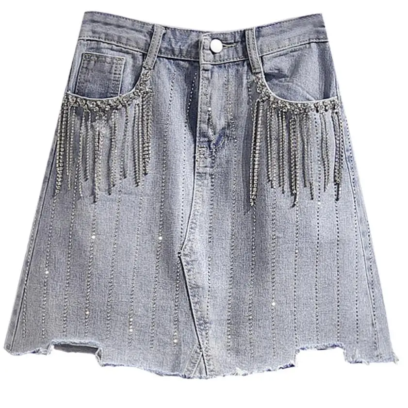 Плюс размер 5XL! Летняя Модная Джинсовая юбка Женская высокая талия Алмазная кисточка трапециевидная джинсовая мини-юбка