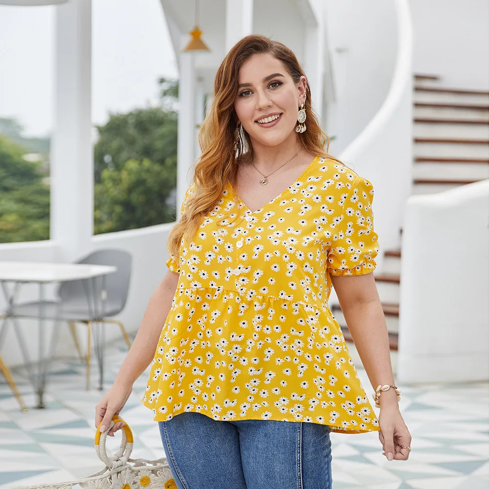 

Plus Size Tops Summer Yellow Floral Blouse Women Sexy V Neck Short Sleeve Printed Ruffles Blouse Casual Ladies Shirt Tops 2020