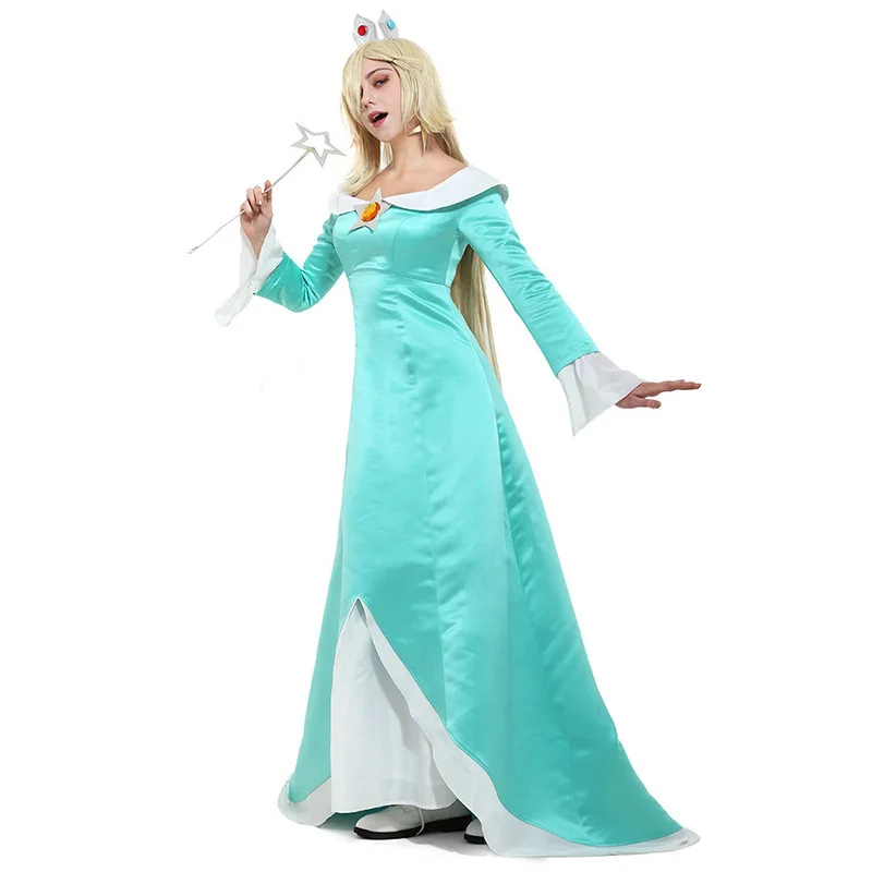 Galaxy Rosalina Cosplay Costume with Crown Earrings Woman Light Blue Dress Halloween Outfit 5