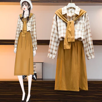 

Autumn Suits Vintage Long Sleeved Plaid Blouse Shirt high Waist Midi Casual Skirt Two Piece Female Daily Dress