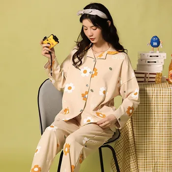 

Pajamas Women 2PCS Sleepwear Nightwear Pyjama Cotton Shirt&Pants Casual Intimate Lingerie Pijamas Suit Soft Print Home Clothes