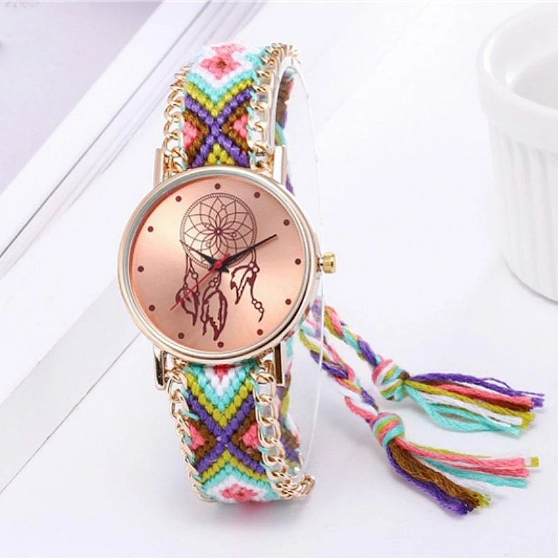 Skute Boho Этнические Красочные часы для браслетов дружбы для женщин ручной работы плетеный Ловец снов наручные кварцевые часы Reloj