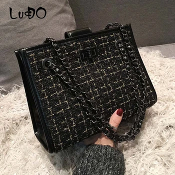 

LUCDO Large Capacity Tote Bag Designer Lock Women's Handbags Fashion Chain Wool Crossbody Bags For Women 2020 Shoulder Messager