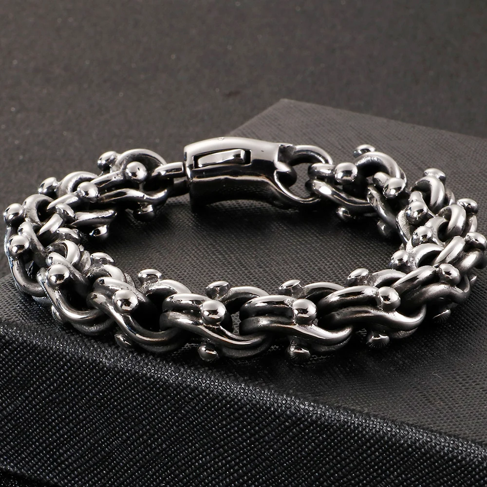 Bracelet Gourmette Acier Poli Et Satiné - Couleur Gris Acier/noir - Longueur 21 Cm - Homme