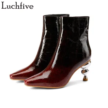 

Abnormal Heels Women Boots Genuine Leather Pointy Toe Ankle Boots For Women Sexy Zipper Wine Red Shoes Woman Winter Short Boots