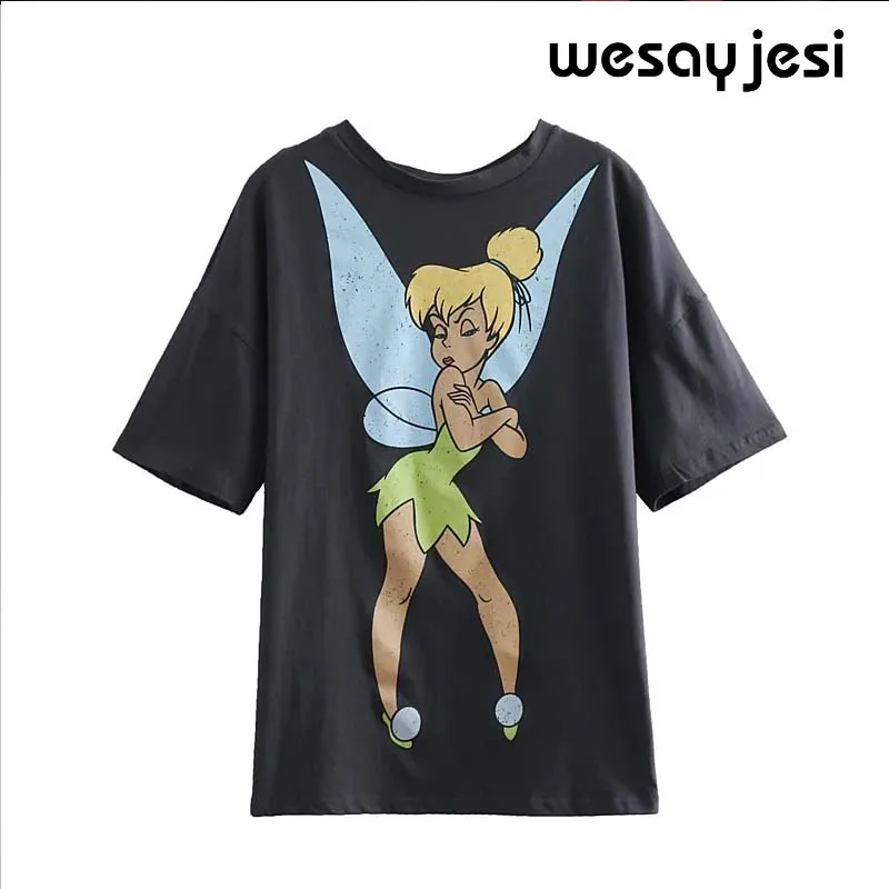 dark grey Летняя модная футболка Женская harajuku Корейская одежда уличная мультяшная девочка принт хлопок с круглым вырезом Футболка Топы Большие размеры - Цвет: dark grey