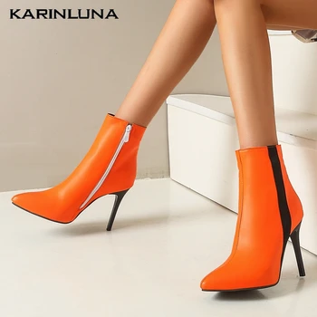 

Karinluna 2020 women shoes Bright Color Sexy Party Ankle Boots Elegant Pointed Toe Thin Heels 10 cm Mixed Color Female Boots