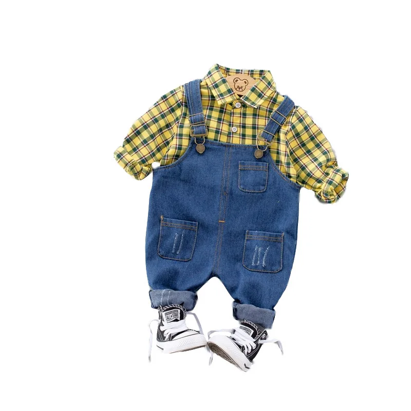 

Spring Autumn Children Baby Boy Girl Cotton Clothes Lattice Shirt Strap Jeans 2pcs/Set Toddler Casual Clothing Kids Tracksuits