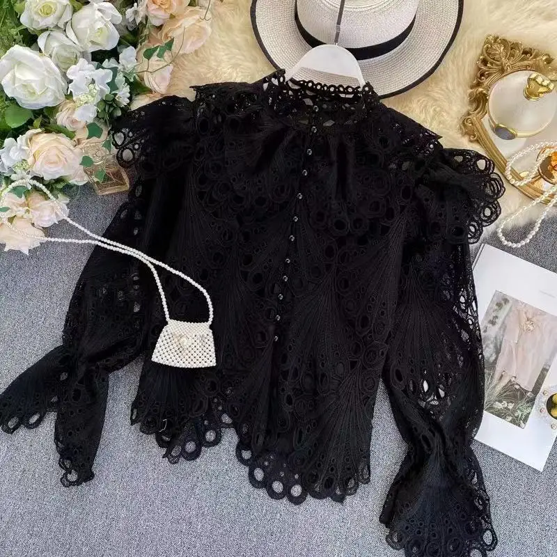 black Женские Элегантные винтажные Открытые Рубашки с рюшами, Женская водолазка, расклешенная блузка с длинным рукавом и вышивкой, женская модная одежда - Цвет: black