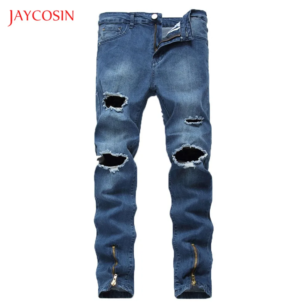 Jaycosin мужские новые модные эластичные джинсы, брюки, повседневные эластичные однотонные джинсовые брюки с дырками, модные джинсы на молнии