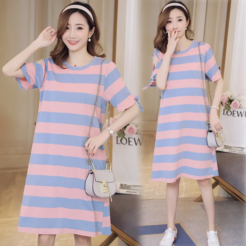

Korean-style 2019 New Style Mixed Colors Bold Stripes Large Size Maternity Clothes Mid-length Bandage Cloth T-shirt Dress