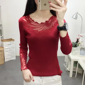 

New Korean Fashion Women Sweater Autumn Winter Pullovers Knitted shirt Patchwork Long sleeve Lace Tops