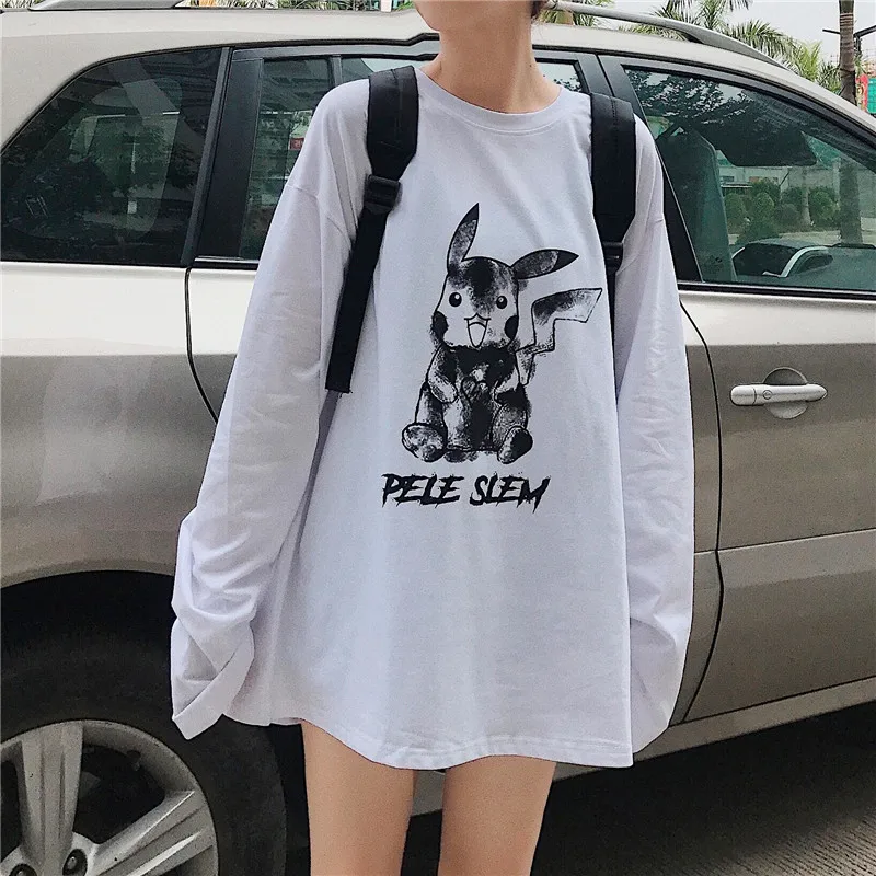 white Harajuku женские футболки с принтом Покемон Повседневная Уличная Корейская одежда Kawaii Белая негабаритная Camisa Feminina с длинным рукавом - Цвет: white