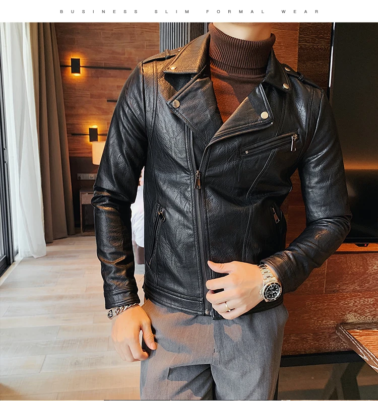 leather jacket outfit men High Quality Autumn Winter Fashion 2022 Diagonal Zipper Pu Leather Jacket Men Clothing Slim Fit Turn Down Collar Casual Coat 3XL leather jacket outfit men