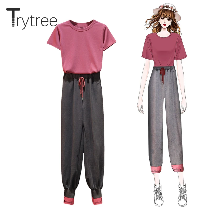 Trytree/летние женские комплекты из двух предметов, однотонные повседневные хлопковые топы с круглым вырезом+ брюки, эластичный шнурок на талии, удобные комплекты из 2 предметов