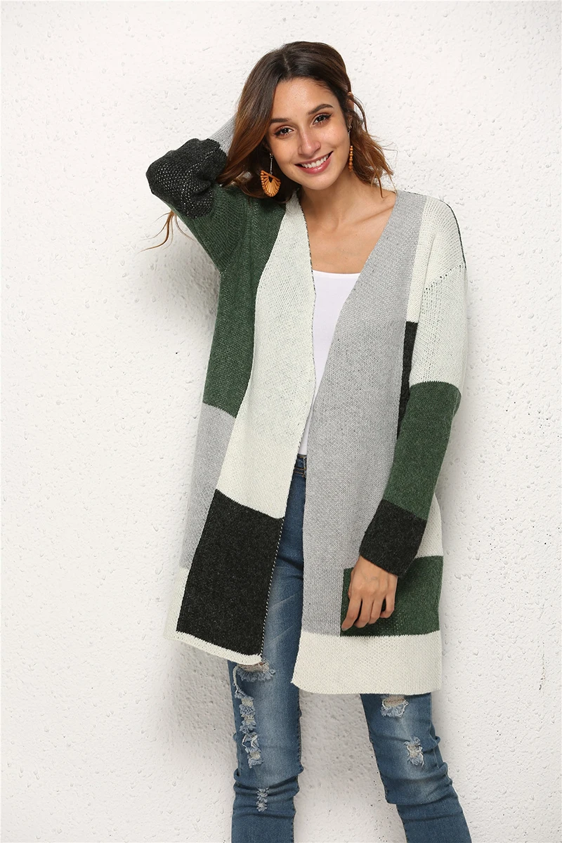 green Fitshinling модный кардиган трикотажная куртка зимняя верхняя одежда Boho блок пэчворк тонкие свитера кардиганы женские длинные пальто - Цвет: green