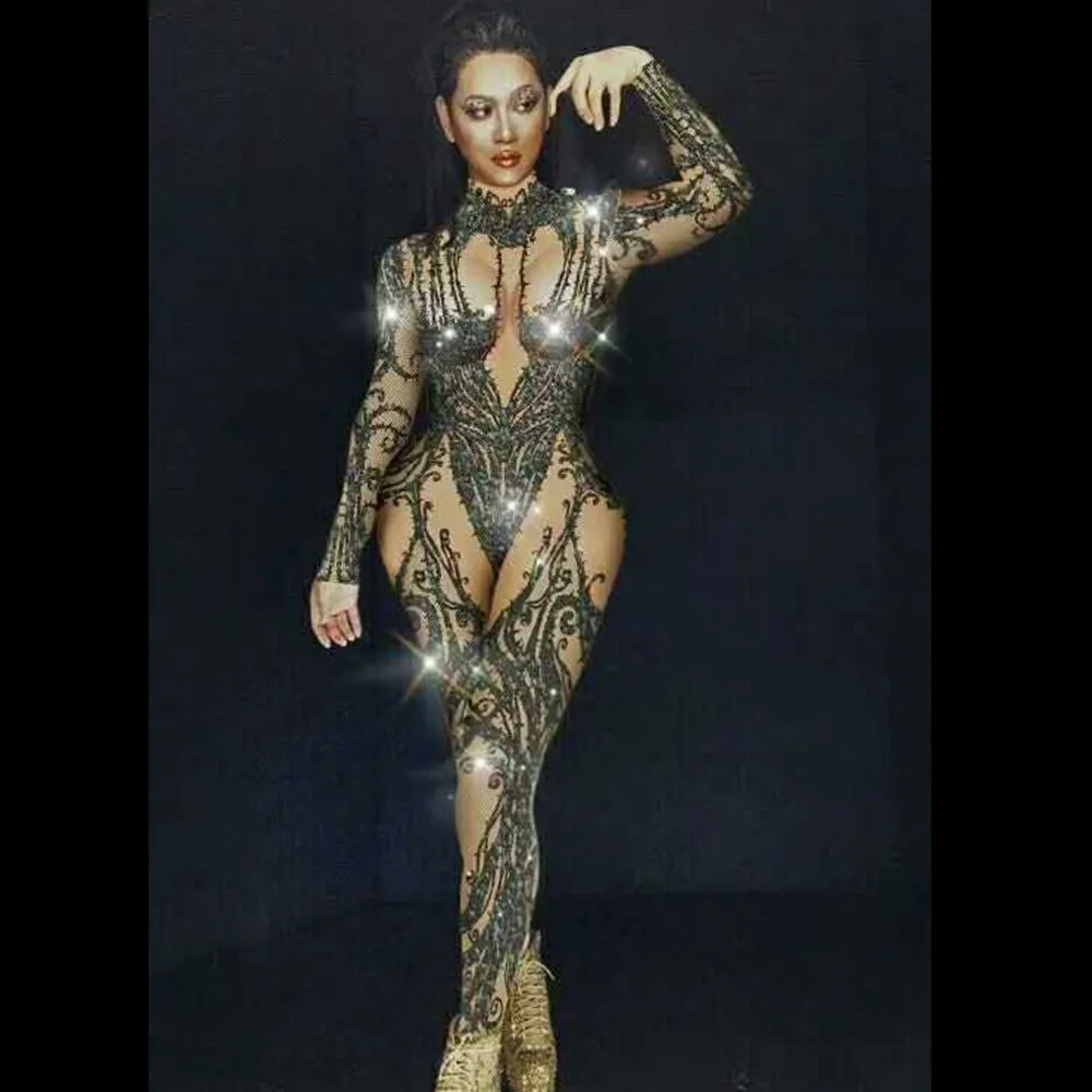 

Sexy Stretch Rhinestone Party Jumpsuits Women Nude Crystal Bodysuit Nightclub Cosplay Costumes Dancer Leotard Stage Outfits