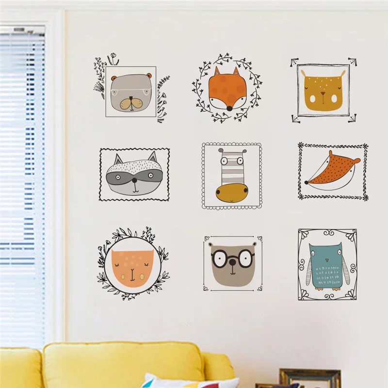 Lovely Animals Portrait Wall Stickers For Kids Room Home Decoration Diy Creative Cartoon Safari Mural Art Pvc Decals Posters | Дом и сад