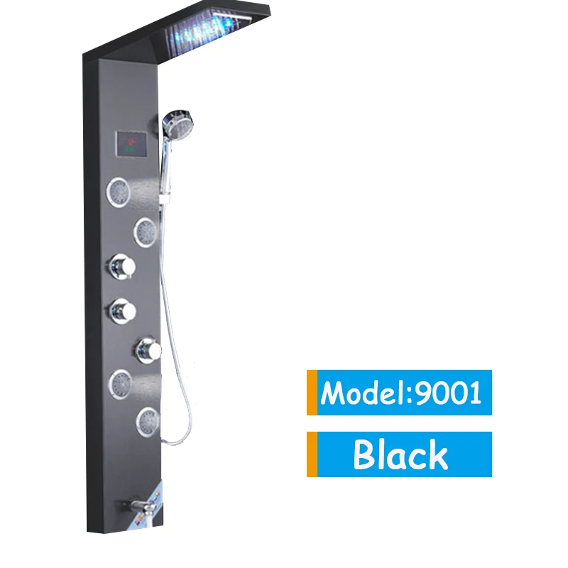 Черная душевая панель для ванной комнаты, светодиодный водопадный кран с цифровым дисплеем, многофункциональный башенный душевой кран, смеситель - Цвет: Black 9001