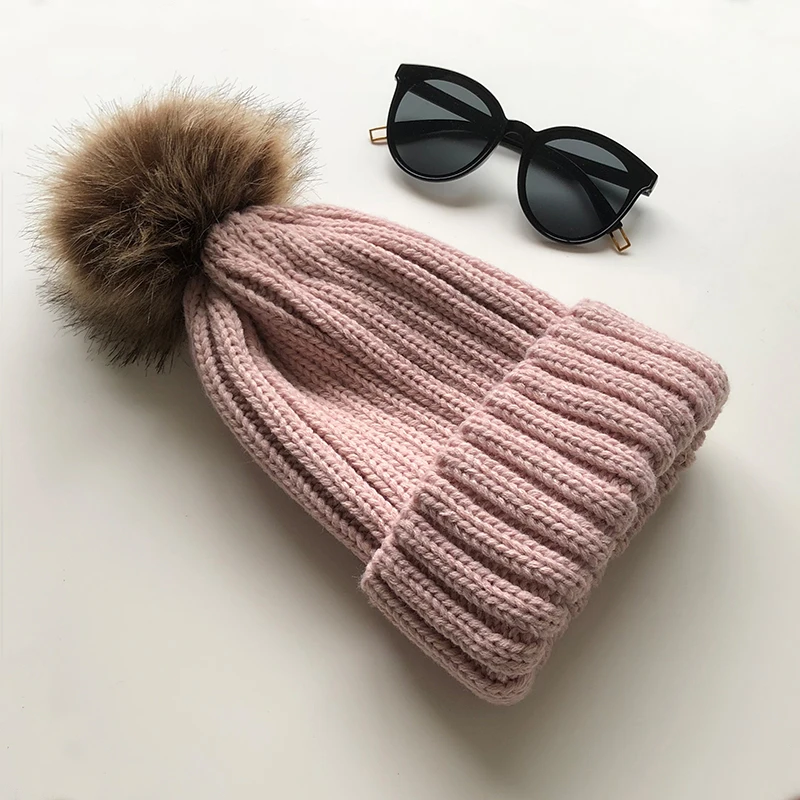 lightPink Вязаные шапочки, шапка большого размера из меха норки и лисы, зимняя шапка с помпонами, съемная женская шапка, шапка для девочки, мягкая теплая шапка - Цвет: lightPink