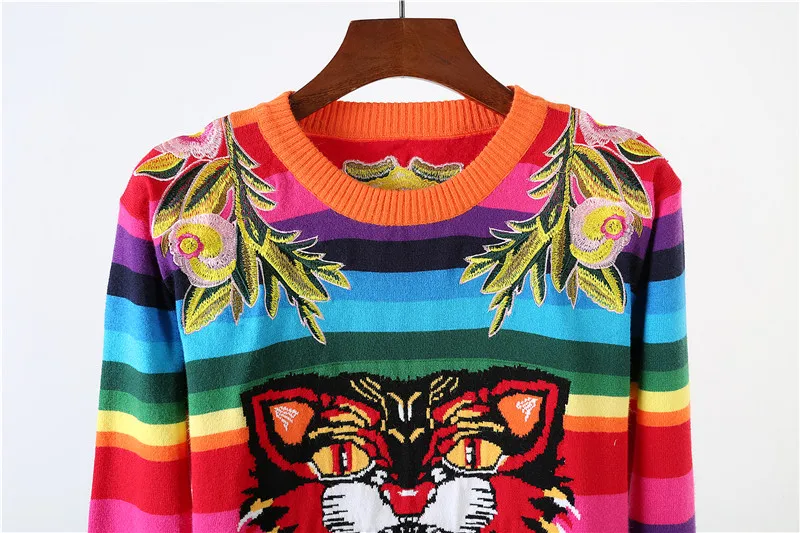 Роскошный дизайнерский женский полосатый свитер с вышивкой тигра пуловеры для подиума бренд осень зима вязаный свитер джемпер одежда
