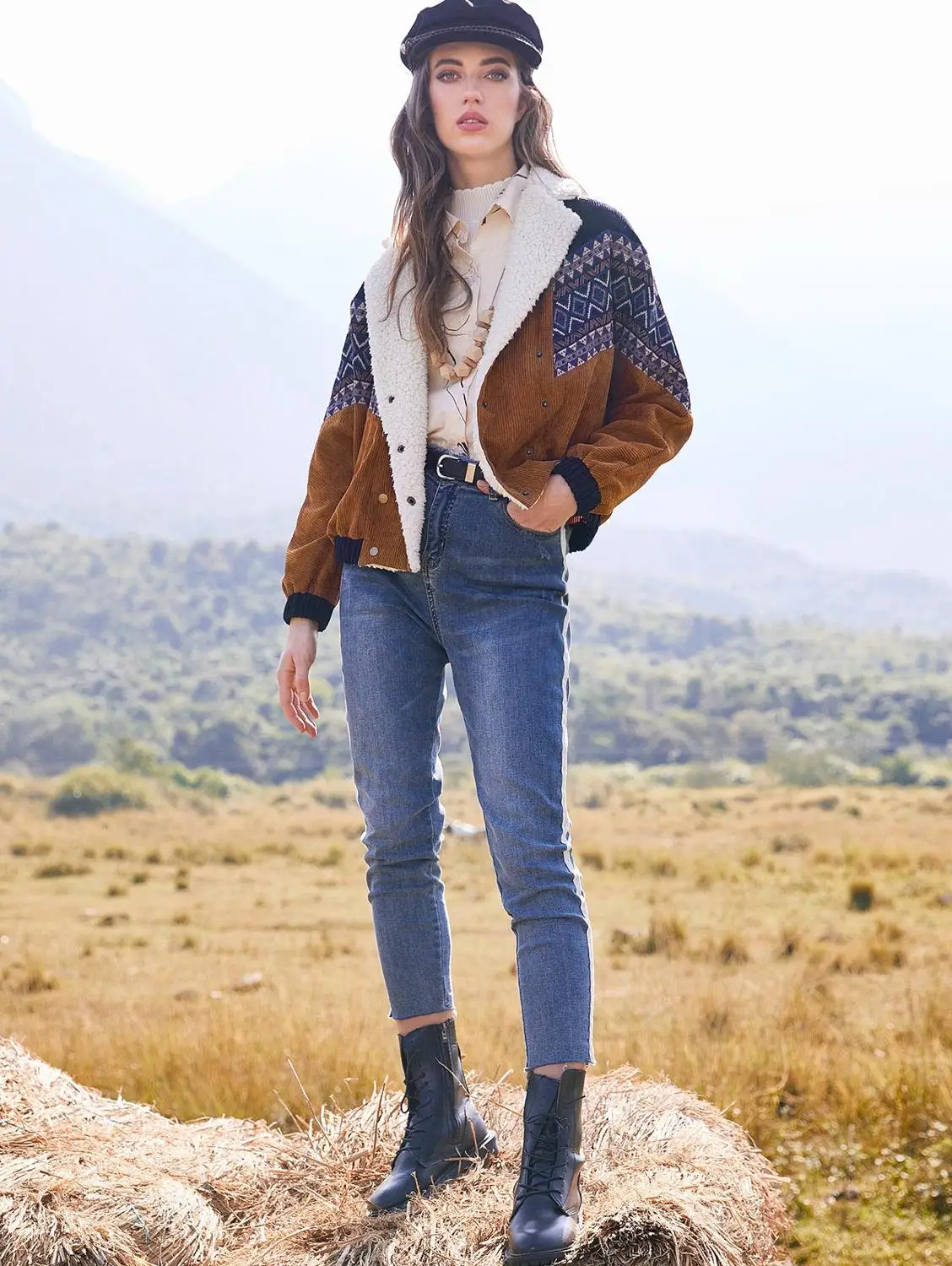 Ideal  ZAFUL Jacket Coats Women Autumn Spring Vintage Outwear Tunic Double Breasted Tribal Print Faux Shea
