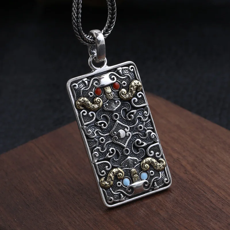 FNJ, прямоугольная подвеска Pixiu, 925 серебро,, чистый S925, тайские серебряные Подвески для изготовления ювелирных изделий, мужские плоские панк животные, красные, синие