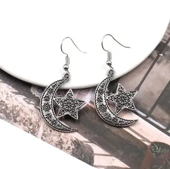 

Ethnic Tibetan Silver Moon Crescent Star Charm Drop Earring For Women Vintage Gypsy Tribal Jewelry