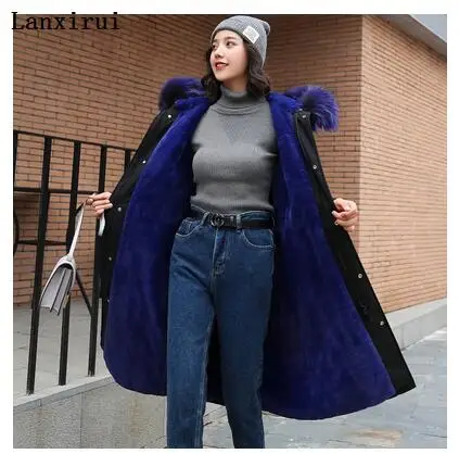 Зимние женские пальто размера плюс, парки из искусственного меха, меховая подкладка из кроличьего меха, средней длины, пальто для женщин, пальто с капюшоном - Цвет: Blue