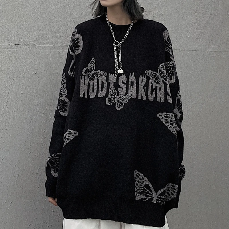 Harajuku Gothic Butterfly Jacquard Oversized Sweater Black O Neck Knitted Sweater for Women and Man 2020 New Loose Streetwear