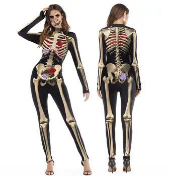 

Rose Mechanical Bone Costume Cosplay Scary Halloween Costumes For Women Skeleton Zombie Skull Jumpsuit Floral Bodysuit VDB1021