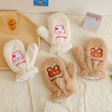 Kawaii Plush Bear Embroidery Gloves Girls Cartoon Rabbit Fluffy Soft Mittens Winter Outdoors Riding Gloves with Lanyard