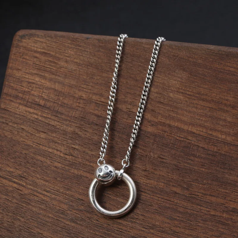 

Emith Fla 100% 925 Sterling Silver Designer Necklace Vintage Silver Circle Smiling Pendant Necklace Fashion Jewelry Men women