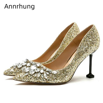

Crystal Decor Bridal Wedding Shoes Woman Bling Sequins Women Pumps Sexy Pointed Toe Goblet Heel Rhinestone High Heels