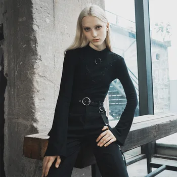 

PUNKRAVE Women's Gothic Sexy V-neck Division Tied Rope Stretch Knit Long Sleeve Tops Fashion Personality Casual Base T-shirt