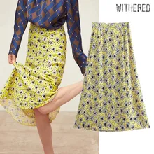 Увядшая осень Англия городской стиль атласная Желтая Цветочная юбка миди с принтом женские юбки mujer moda длинные юбки женские