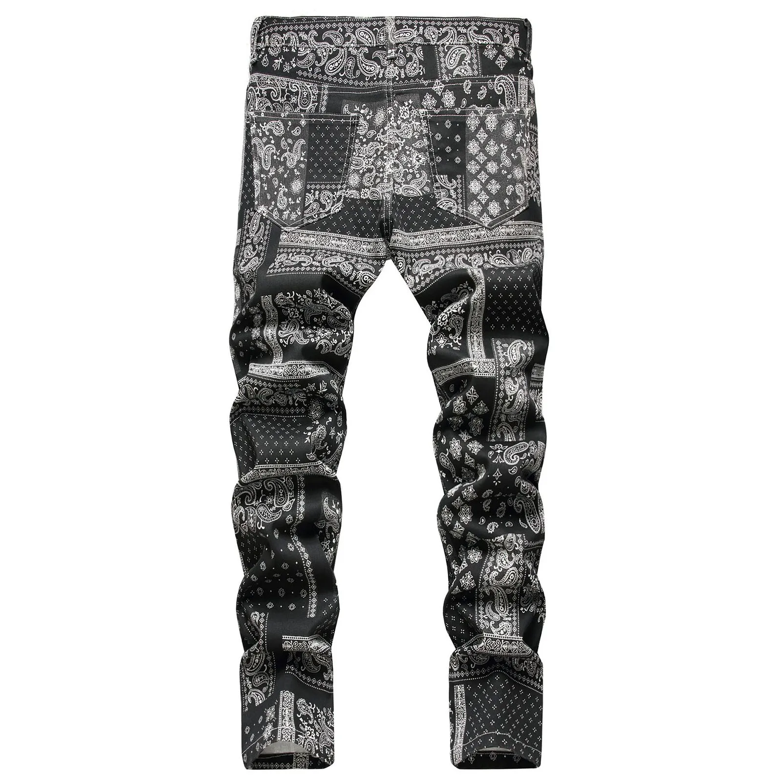 Men Paisley Bandanna Printed Jeans Fashion 3D Digital Painted Stretch Denim Pants Slim Straight Black Trousers 2