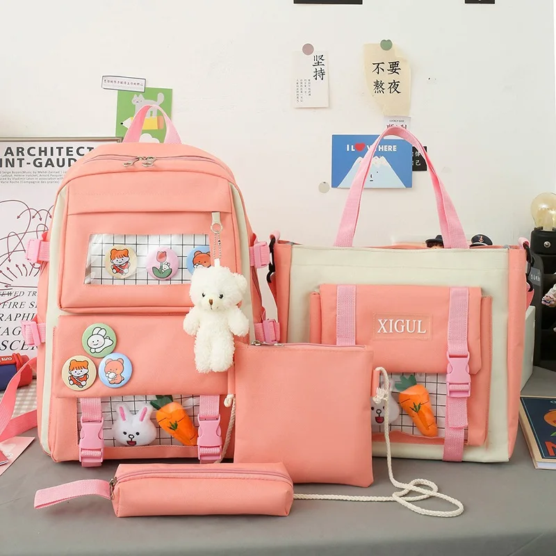 2021 New 4 Pcs Set Kawaii Women's Backpack Purple Colours Cute Canvas School Bags for Teenage Girls College Student Kids BookBag 